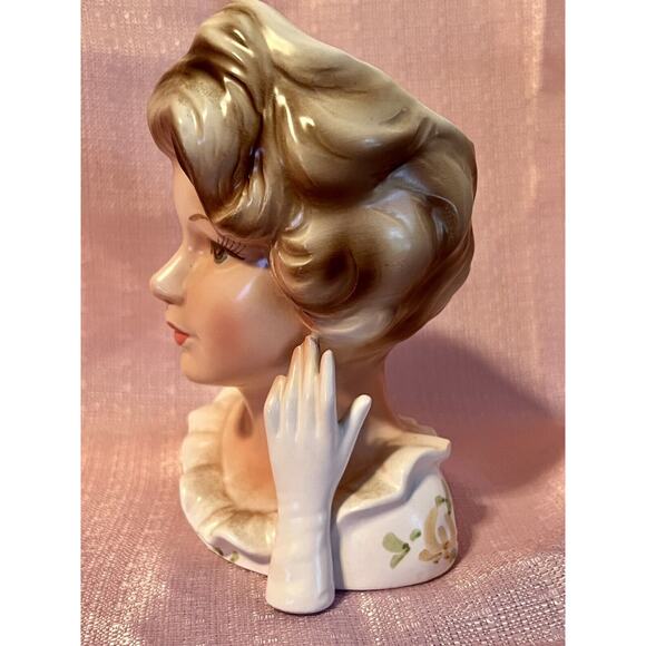 VINTAGE 1964 RELPO 5543 A LADY HEAD VASE LONG EYE LASHES RUFFLED COLLAR - Picture 3 of 9